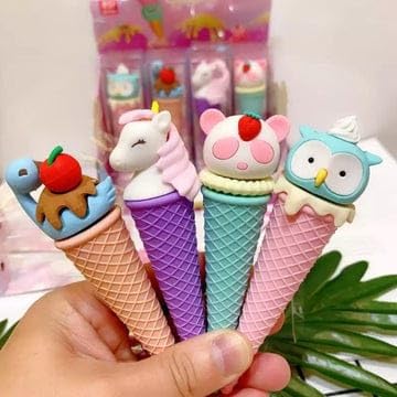 Novelty stationery: A display box of adorable ice cream erasers with character tops (owl, swan, unicorn, bear) in pastel colors, ideal for children's gifts and party favors from Usmile Toys. www.usmile.toys
